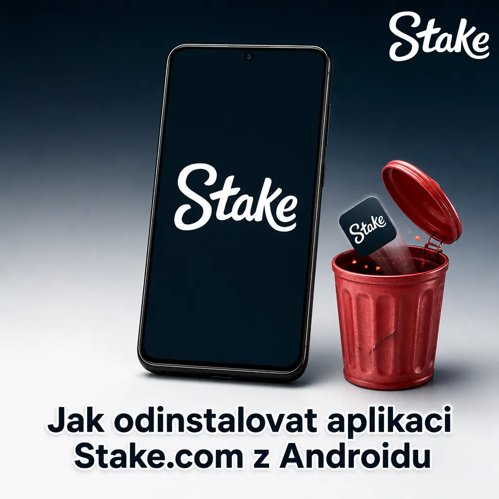 Návod na odinstalaci aplikace Stake.com z Androidu – podržení ikony a potvrzení odinstalace v menu telefonu.