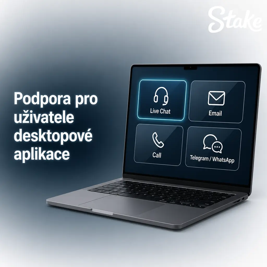 Podpora Stake.com pro desktopovou aplikaci – živý chat, e-mail, Twitter, Telegram a centrum nápovědy.